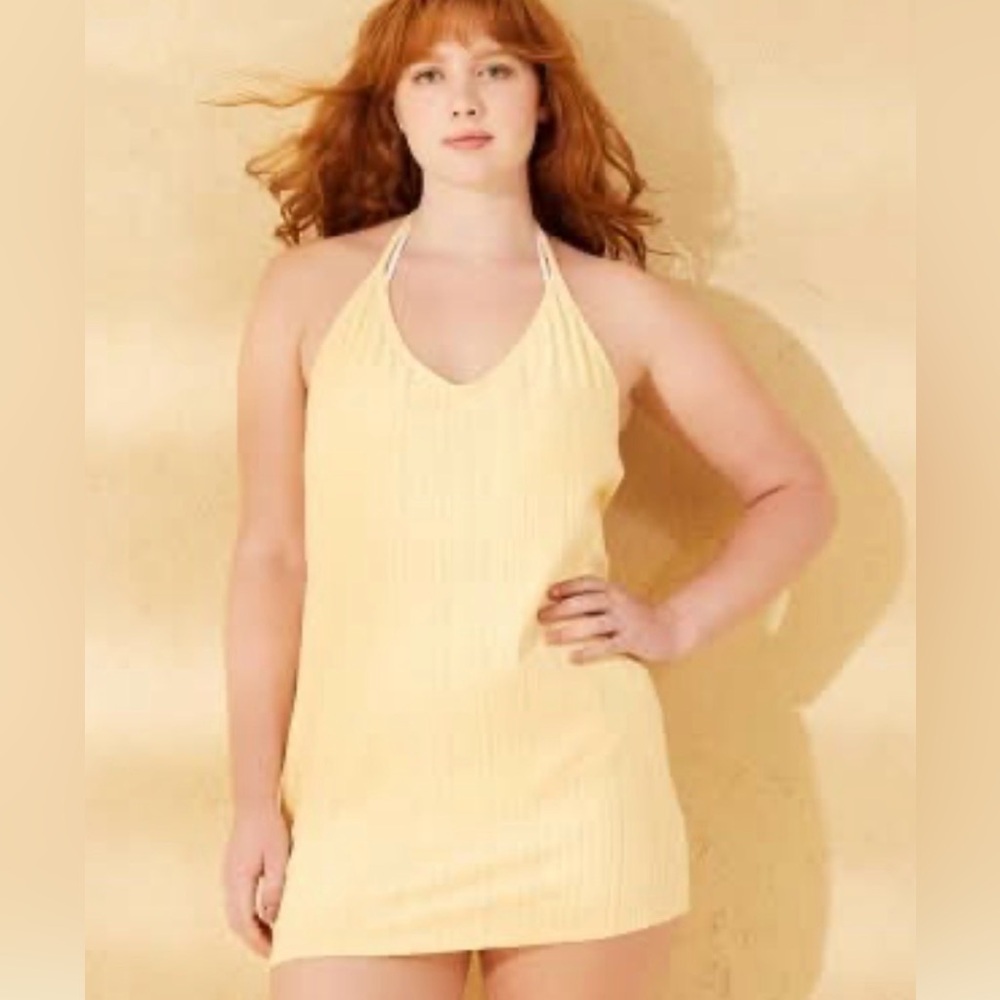 Yellow Halter Tie Neck Terry Textured Swim Cover-Up
